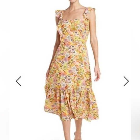 BCBG Generation Yellow Ruffle Floral Print Midi Dress - Picture 1 of 6
